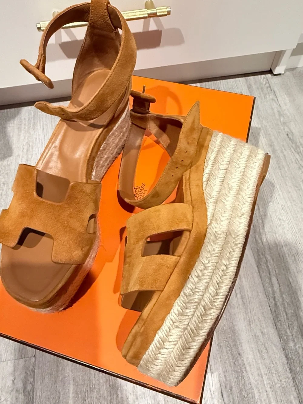 Hermes Chestnut Brown Suede Wedge Sandals with Ankle Strap